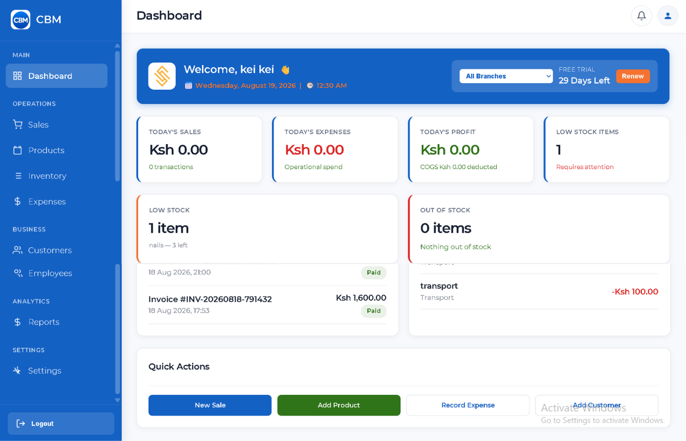 Chosen Business Manager dashboard showing sales, stock, and expenses